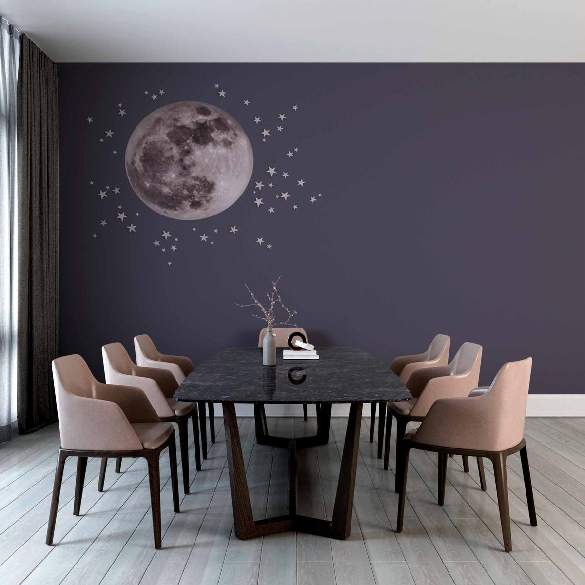 Serene Full Moon Wall Mural Wallpaper with Stars on a Dark Grey Background