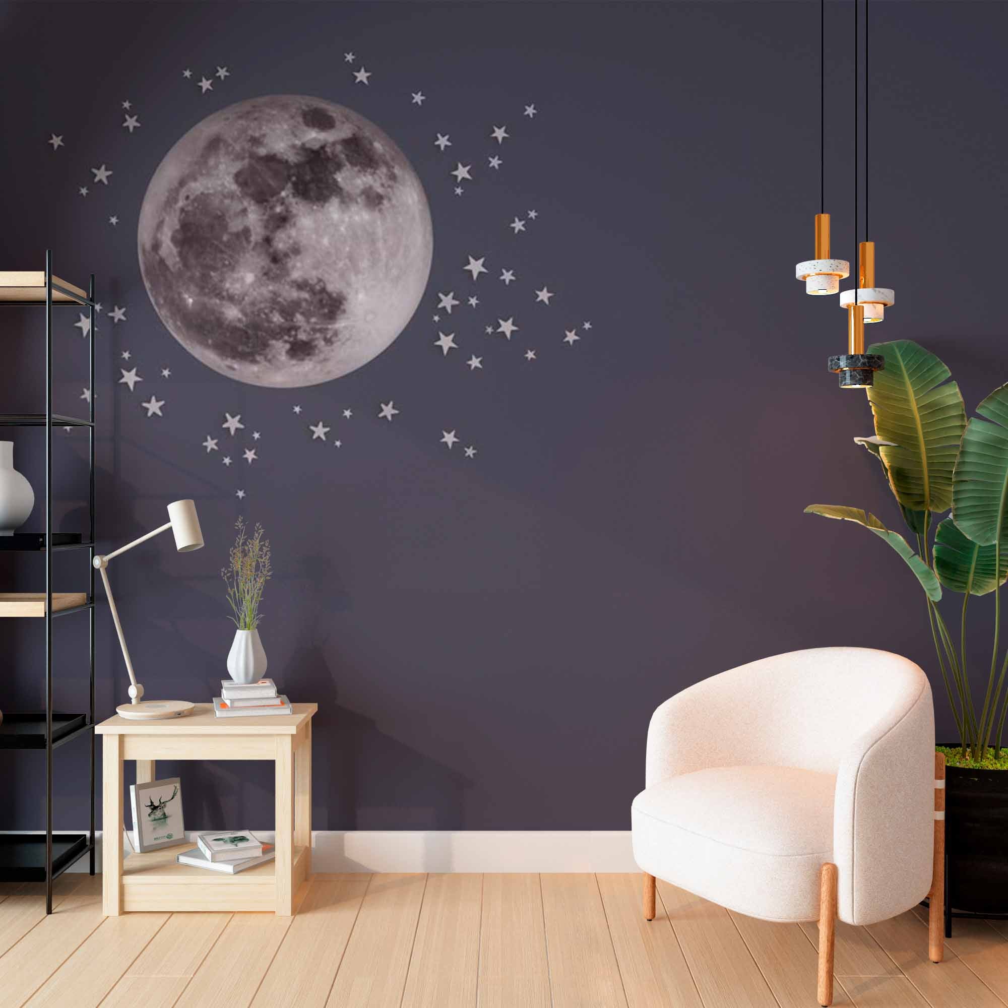 Serene Full Moon Wall Mural Wallpaper with Stars on a Dark Grey Background