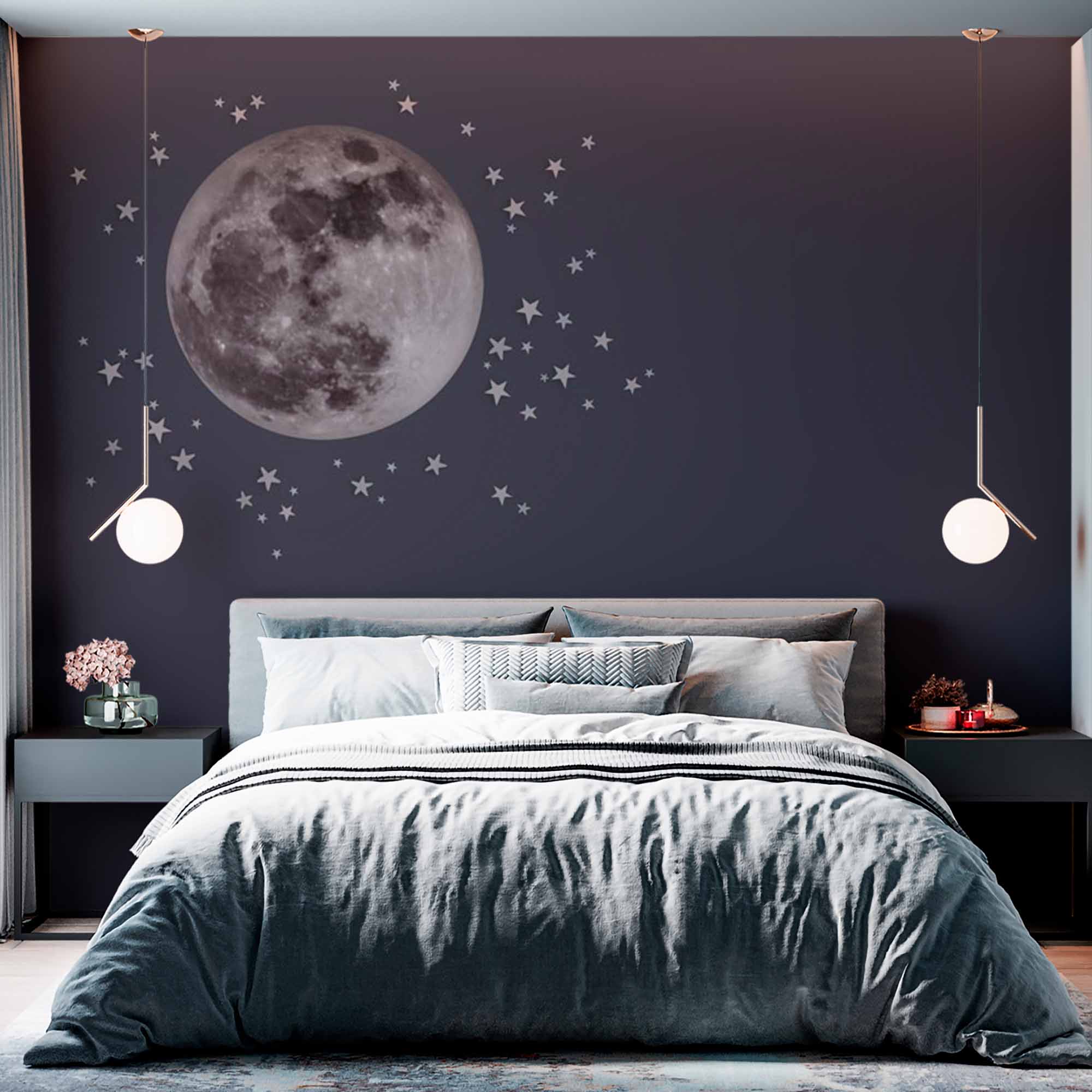 Serene Full Moon Wall Mural Wallpaper with Stars on a Dark Grey Background