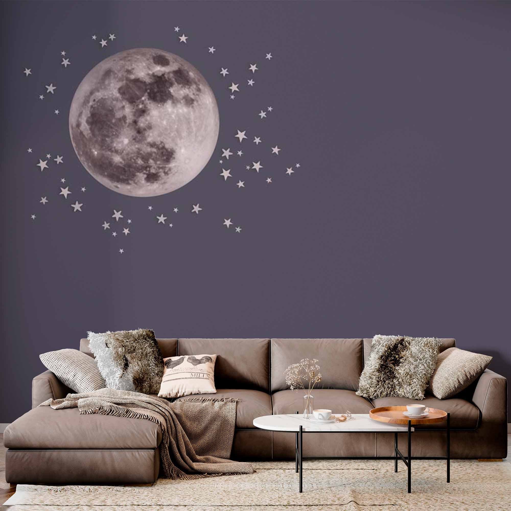 Serene Full Moon Wall Mural Wallpaper with Stars on a Dark Grey Background