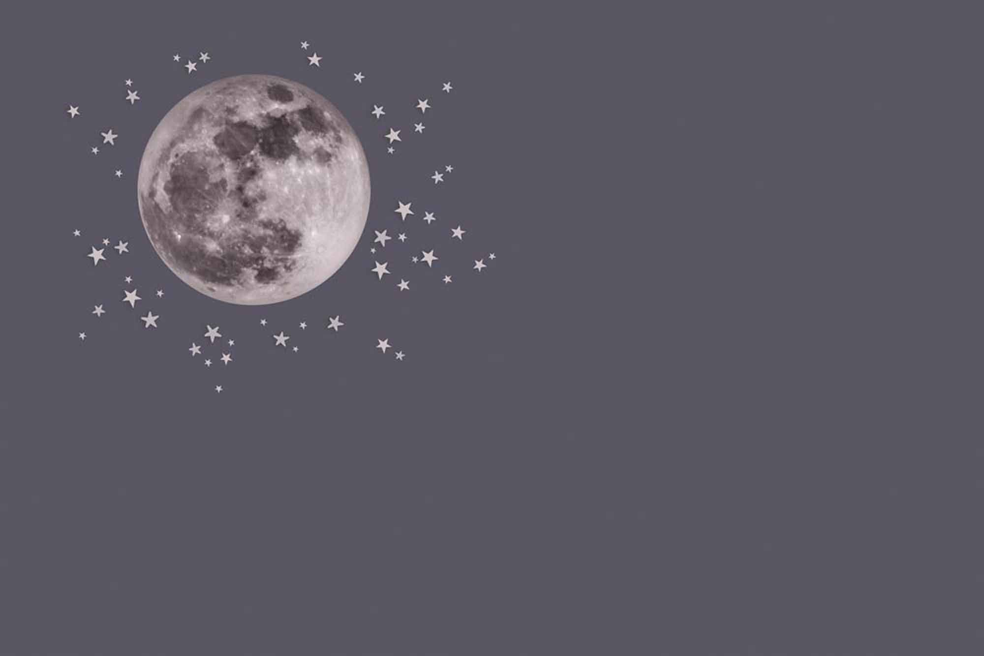 Serene Full Moon Wall Mural Wallpaper with Stars on a Dark Grey Background