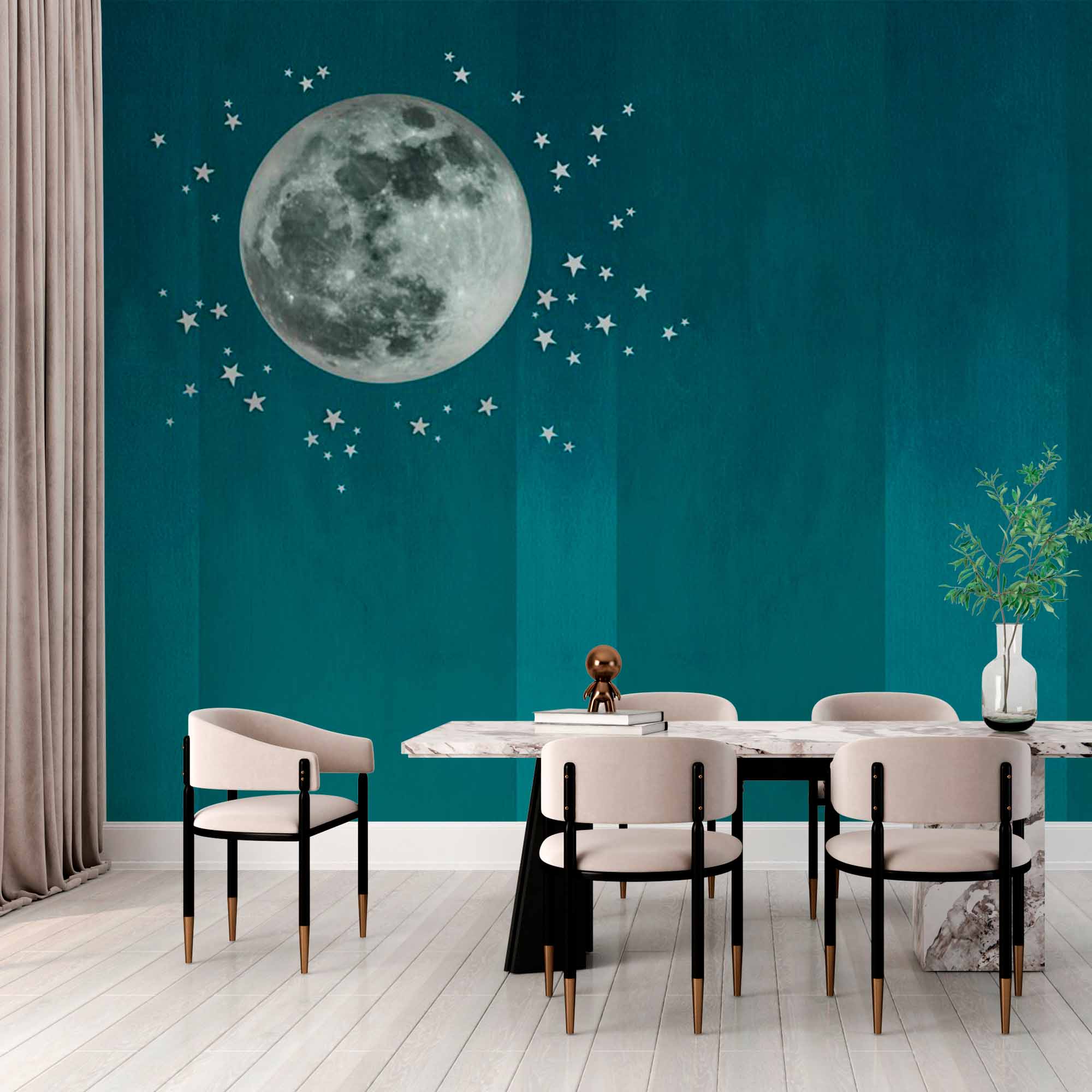 Calming Full Moon Wall Mural Wallpaper with Stars on Teal Gradient Background