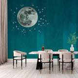 Calming Full Moon Wall Mural Wallpaper with Stars on Teal Gradient Background