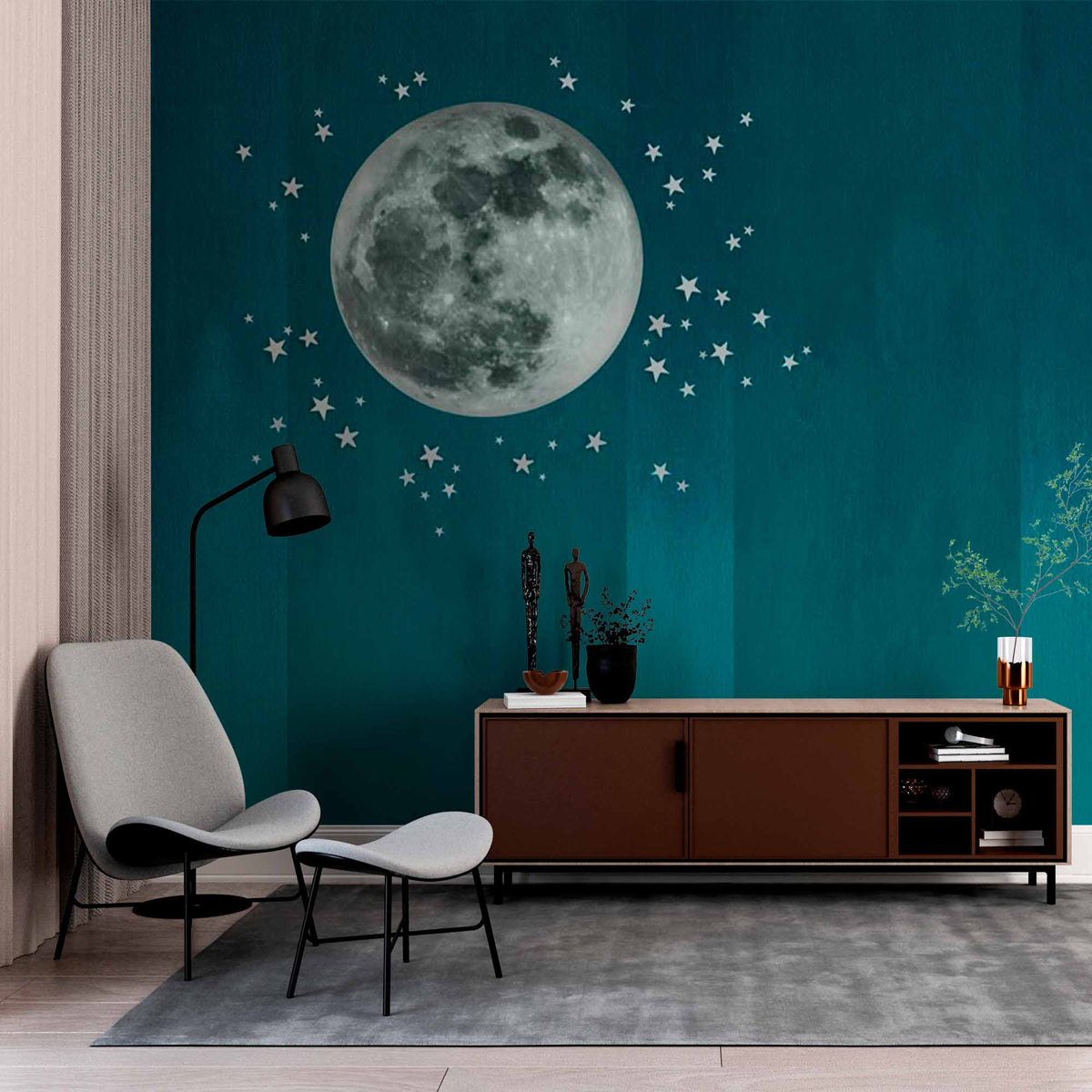 Custom Calming Full Moon Wall Mural Wallpaper with Stars on Teal Gradient Background