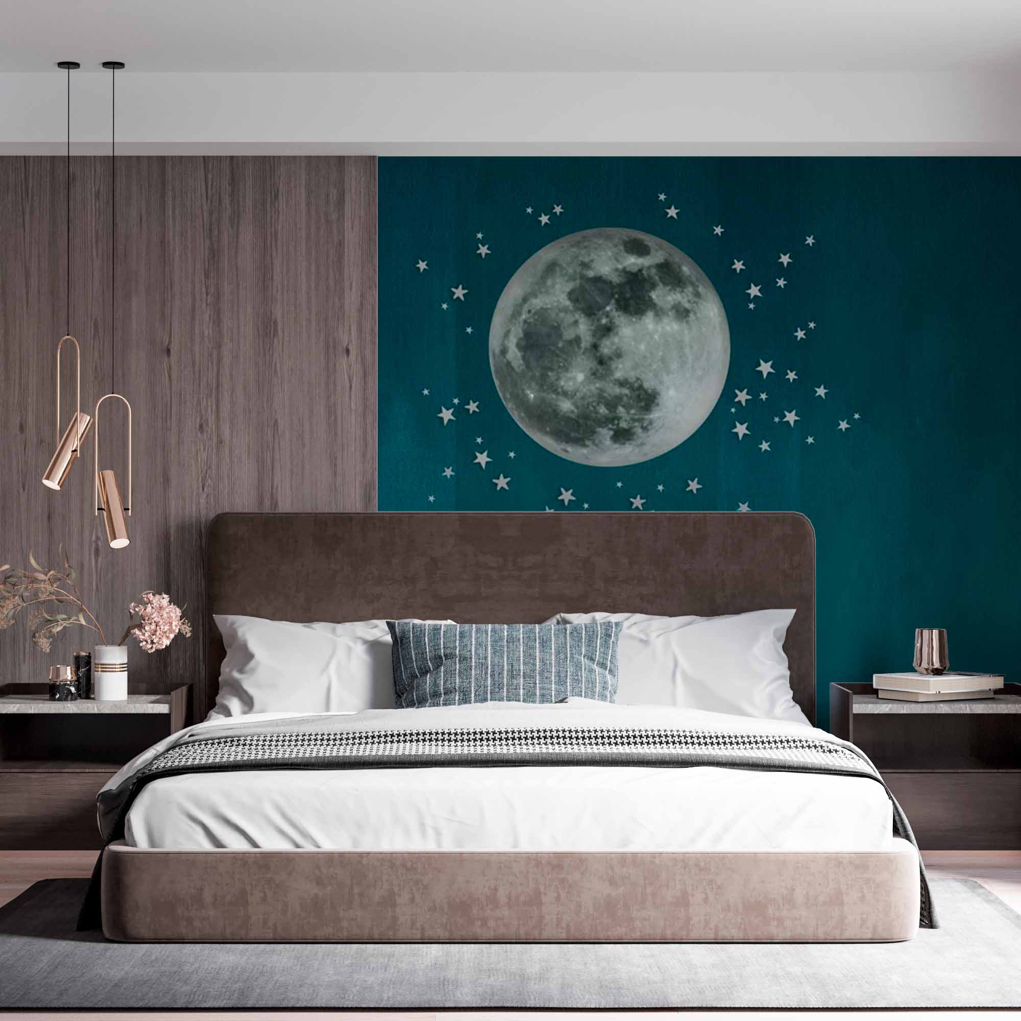 Calming Full Moon Wall Mural Wallpaper with Stars on Teal Gradient Background