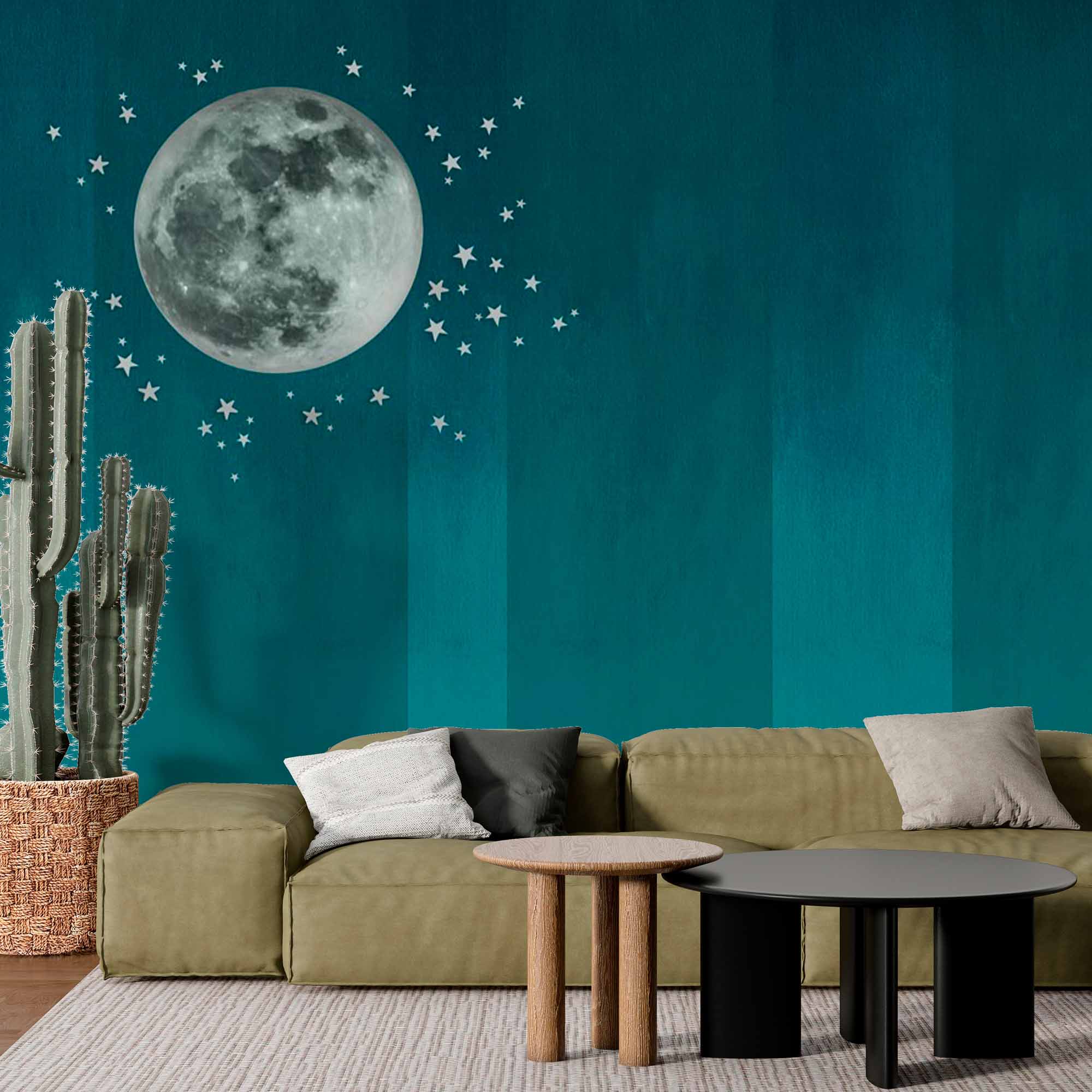 Calming Full Moon Wall Mural Wallpaper with Stars on Teal Gradient Background