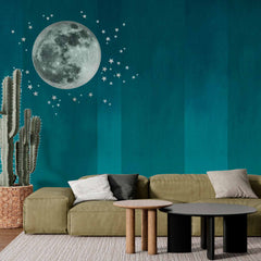 Custom Calming Full Moon Wall Mural Wallpaper with Stars on Teal Gradient Background