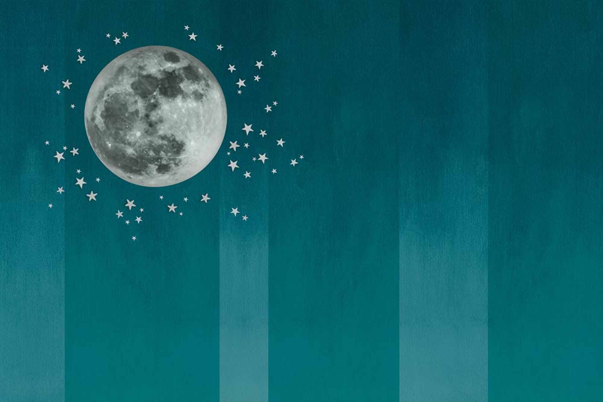 Calming Full Moon Wall Mural Wallpaper with Stars on Teal Gradient Background