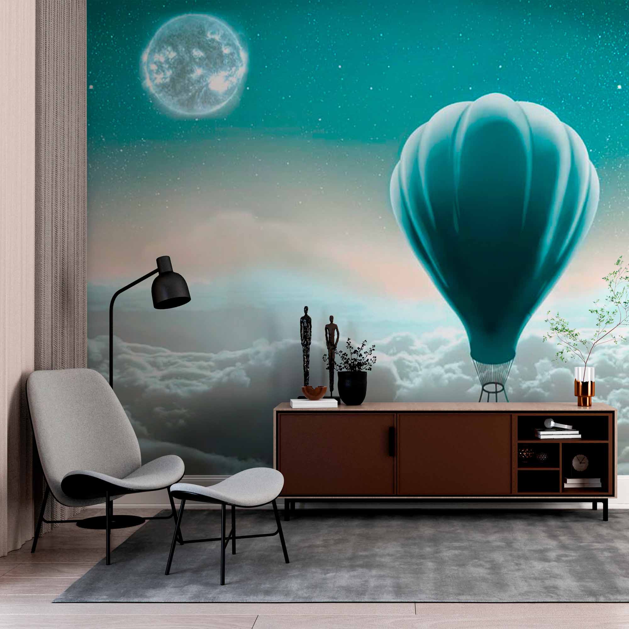 Peaceful Hot Air Balloon Wall Mural Wallpaper - Floating Among the Clouds Under a Starry Sky