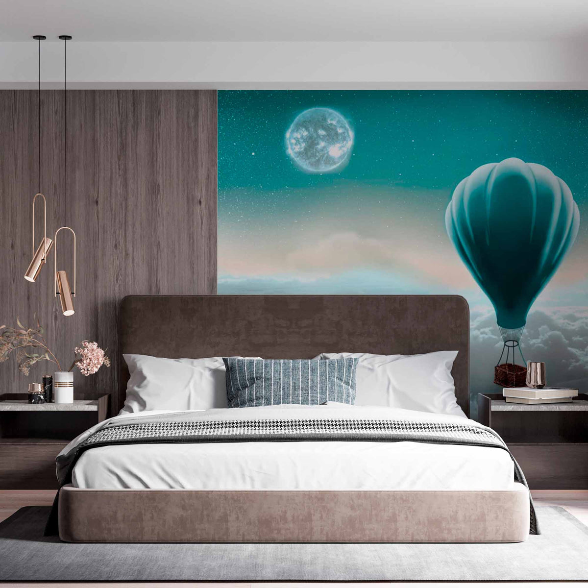 Custom Peaceful Hot Air Balloon Wall Mural Wallpaper - Floating Among the Clouds Under a Starry Sky