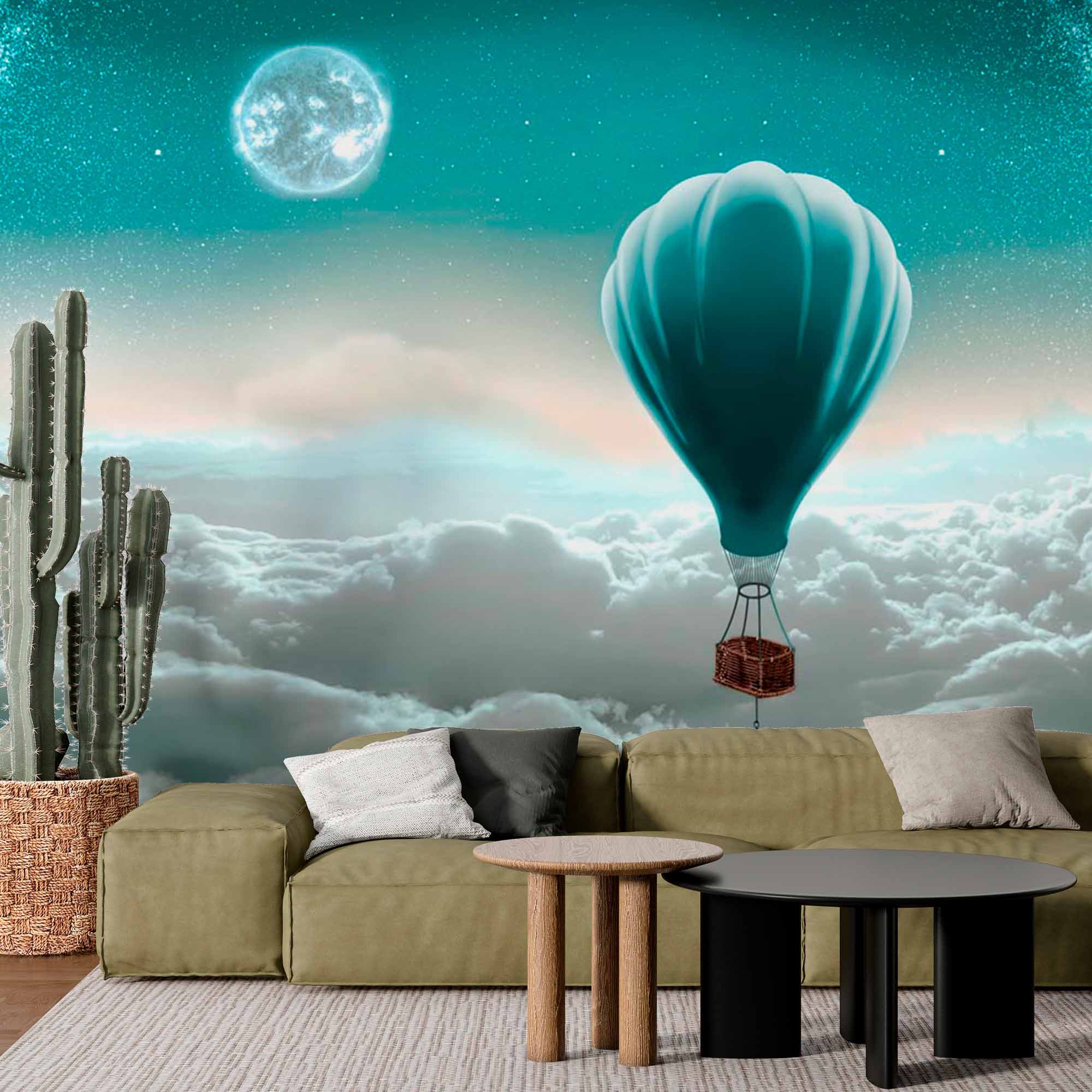 Peaceful Hot Air Balloon Wall Mural Wallpaper - Floating Among the Clouds Under a Starry Sky