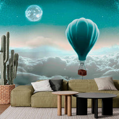 Custom Peaceful Hot Air Balloon Wall Mural Wallpaper - Floating Among the Clouds Under a Starry Sky