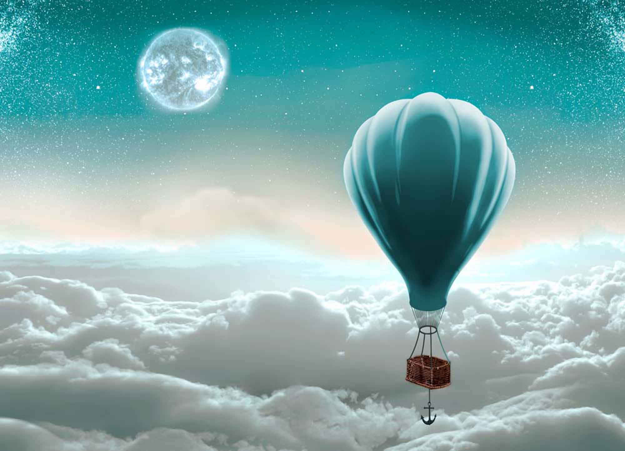 Peaceful Hot Air Balloon Wall Mural Wallpaper - Floating Among the Clouds Under a Starry Sky