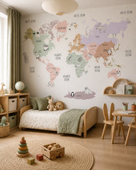 Pastel animals of the world educational map mural in a toddler bedroom with a child-sized bed.