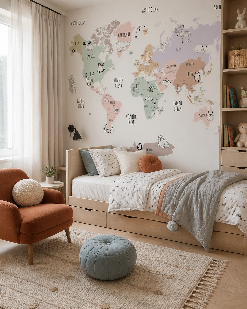 Pastel animals of the world educational map mural in a girl’s bedroom.