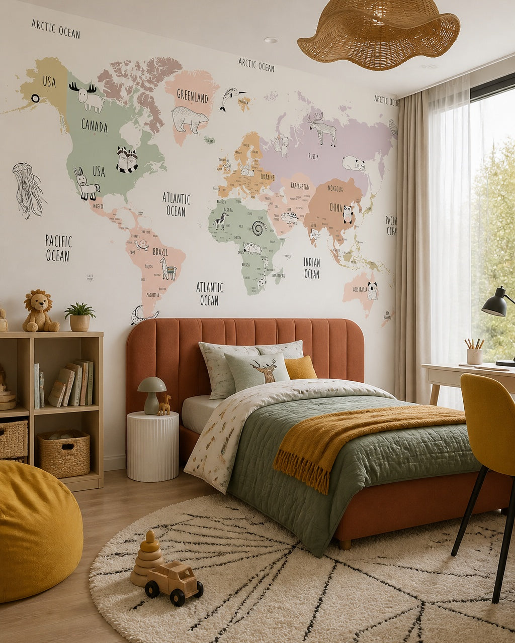 Pastel animals of the world educational map mural in a boy’s bedroom.