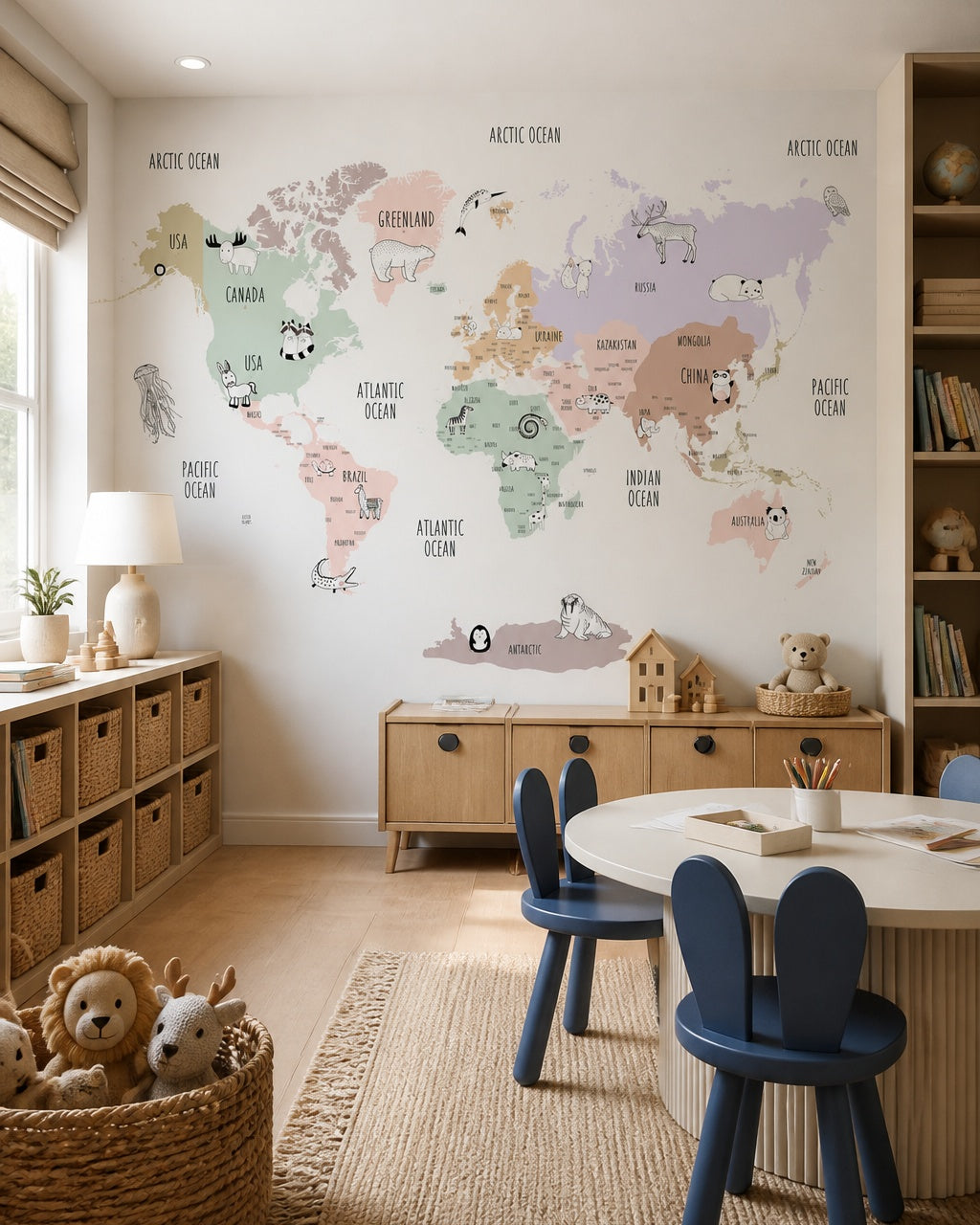 Pastel animals of the world educational map mural in a children’s playroom.
