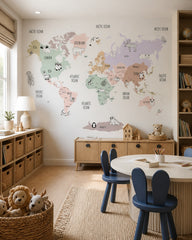 Pastel animals of the world educational map mural in a children’s playroom.