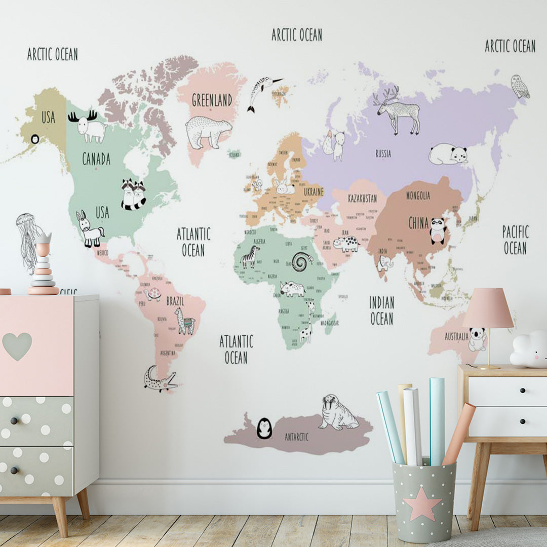 Custom Kids World Map for Toddlers Wall Mural Decals Posters Globe Wallpaper for Kids