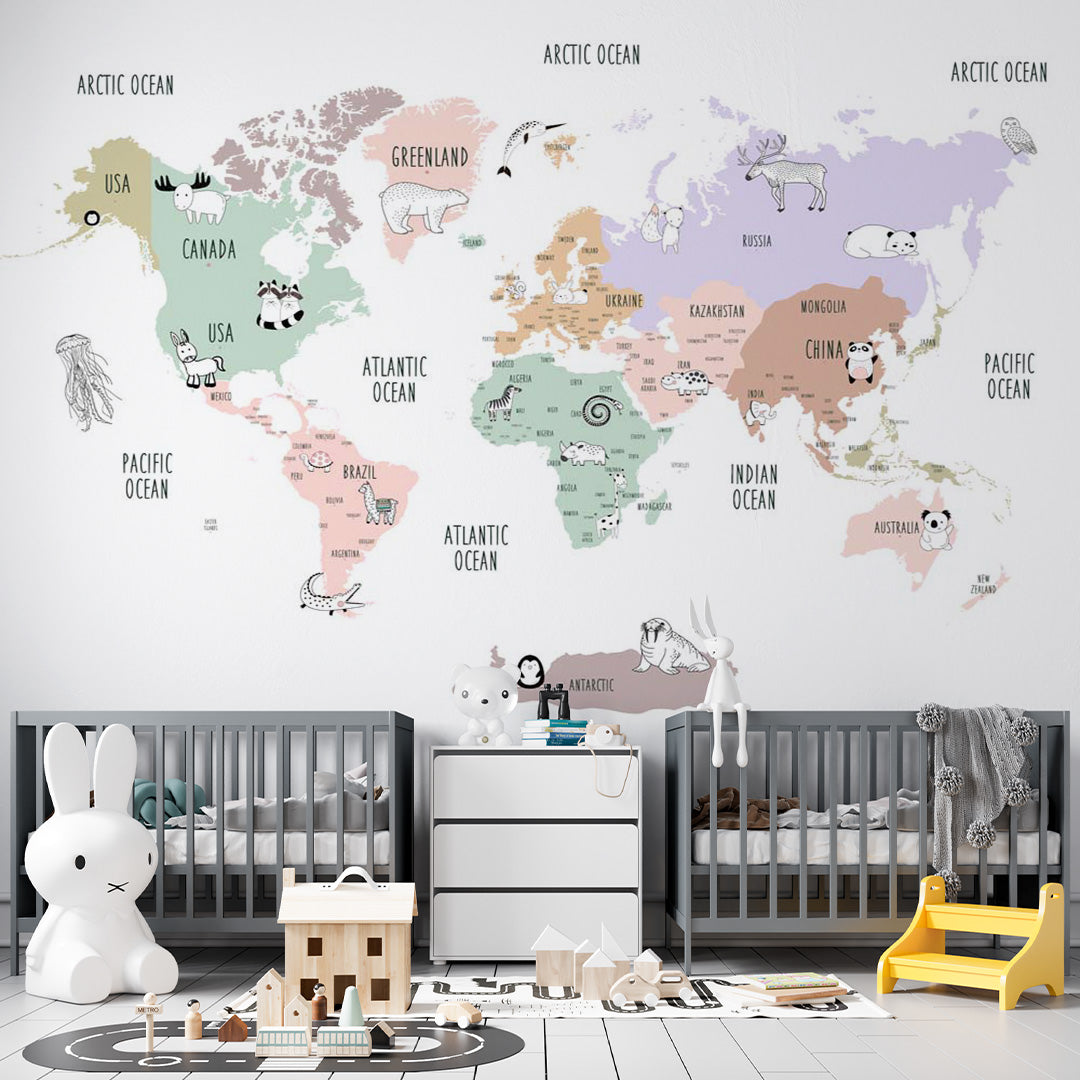 Kids World Map for Toddlers Wall Mural Decals Posters Globe Wallpaper for Kids