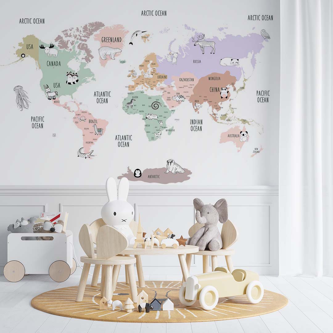 Kids World Map for Toddlers Wall Mural Decals Posters Globe Wallpaper for Kids