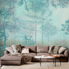 Custom Mist Forest Fresco Wall Mural Blue Nature Scene Wallpaper