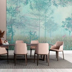 Custom Mist Forest Fresco Wall Mural Blue Nature Scene Wallpaper