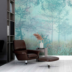 Custom Mist Forest Fresco Wall Mural Blue Nature Scene Wallpaper