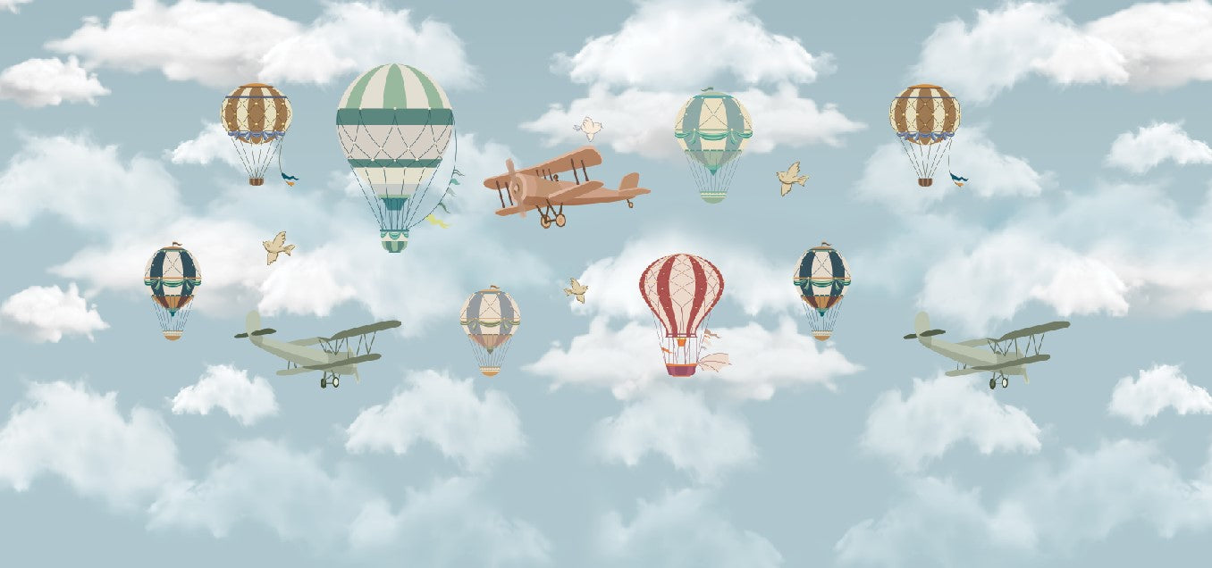 Kids Wall Murals: Air Balloons & Aircraft Adventure Blue Sky Clouds Airplanes