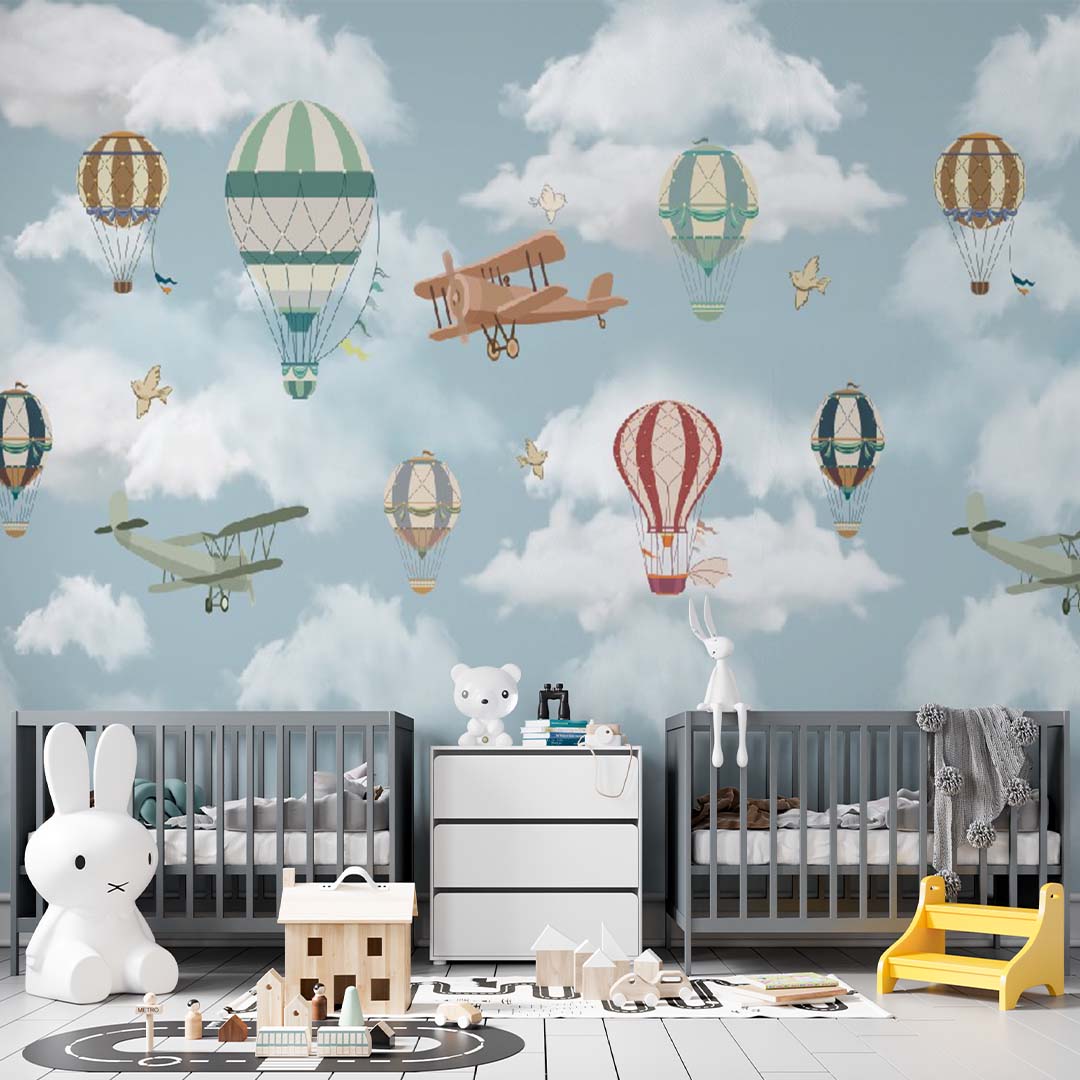 Kids Wall Murals: Air Balloons & Aircraft Adventure Blue Sky Clouds Airplanes