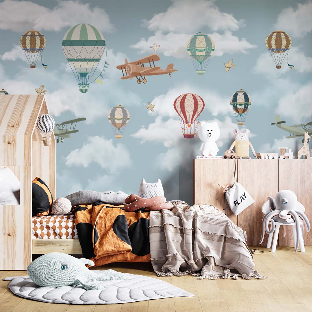 Kids Wall Murals: Air Balloons & Aircraft Adventure Blue Sky Clouds Airplanes