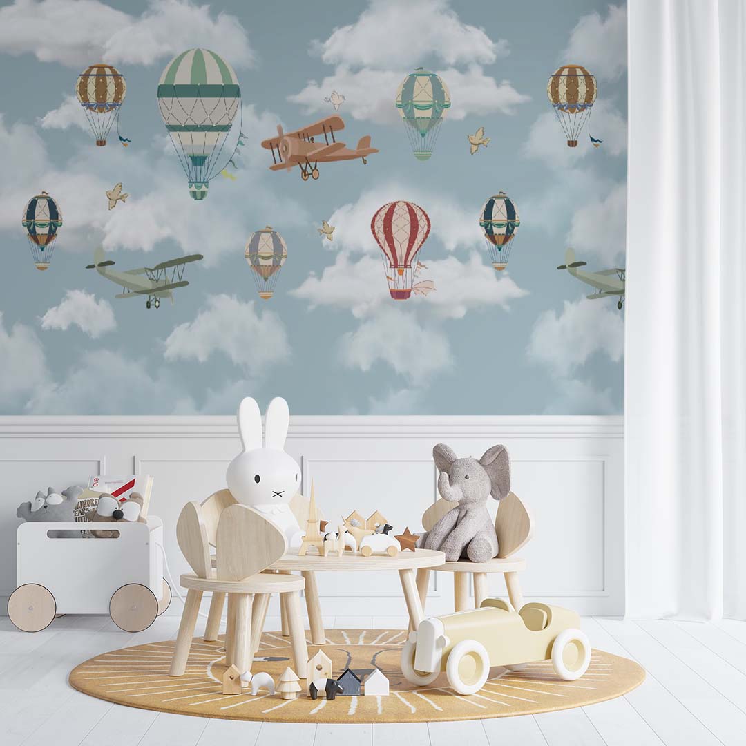 Kids Wall Murals: Air Balloons & Aircraft Adventure Blue Sky Clouds Airplanes