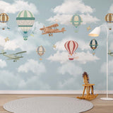 Kids Wall Murals: Air Balloons & Aircraft Adventure Blue Sky Clouds Airplanes