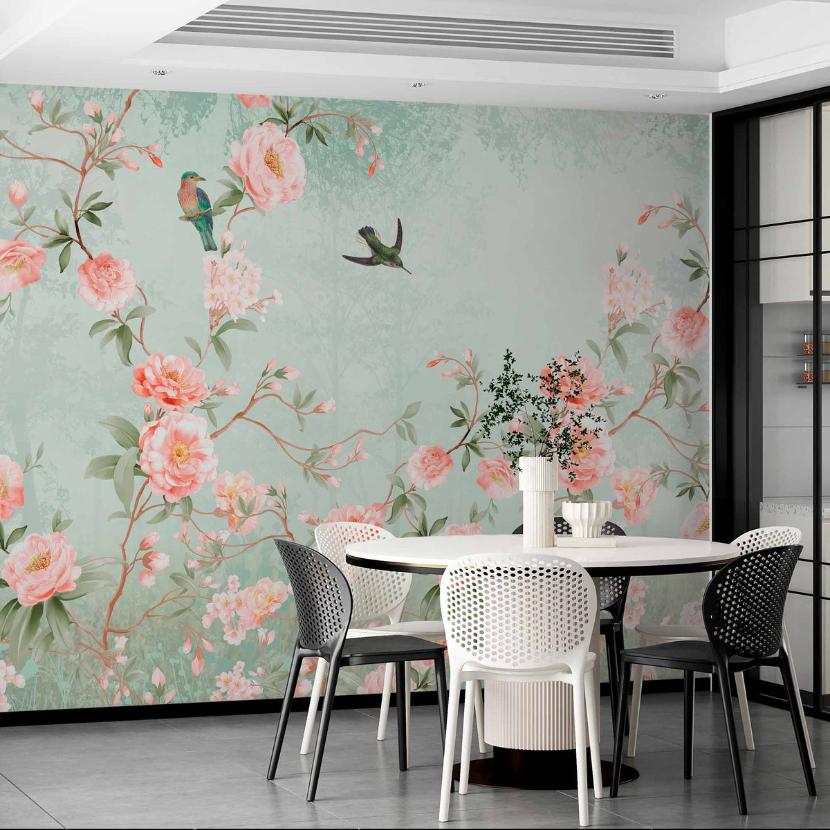 Vintage Pastel Floral and Bird Wall Mural Wallpaper