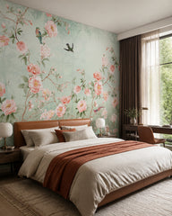 Vintage pastel floral wallpaper in a designer bedroom.