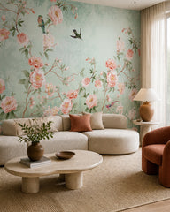 Vintage pastel floral wallpaper in a designer living room.