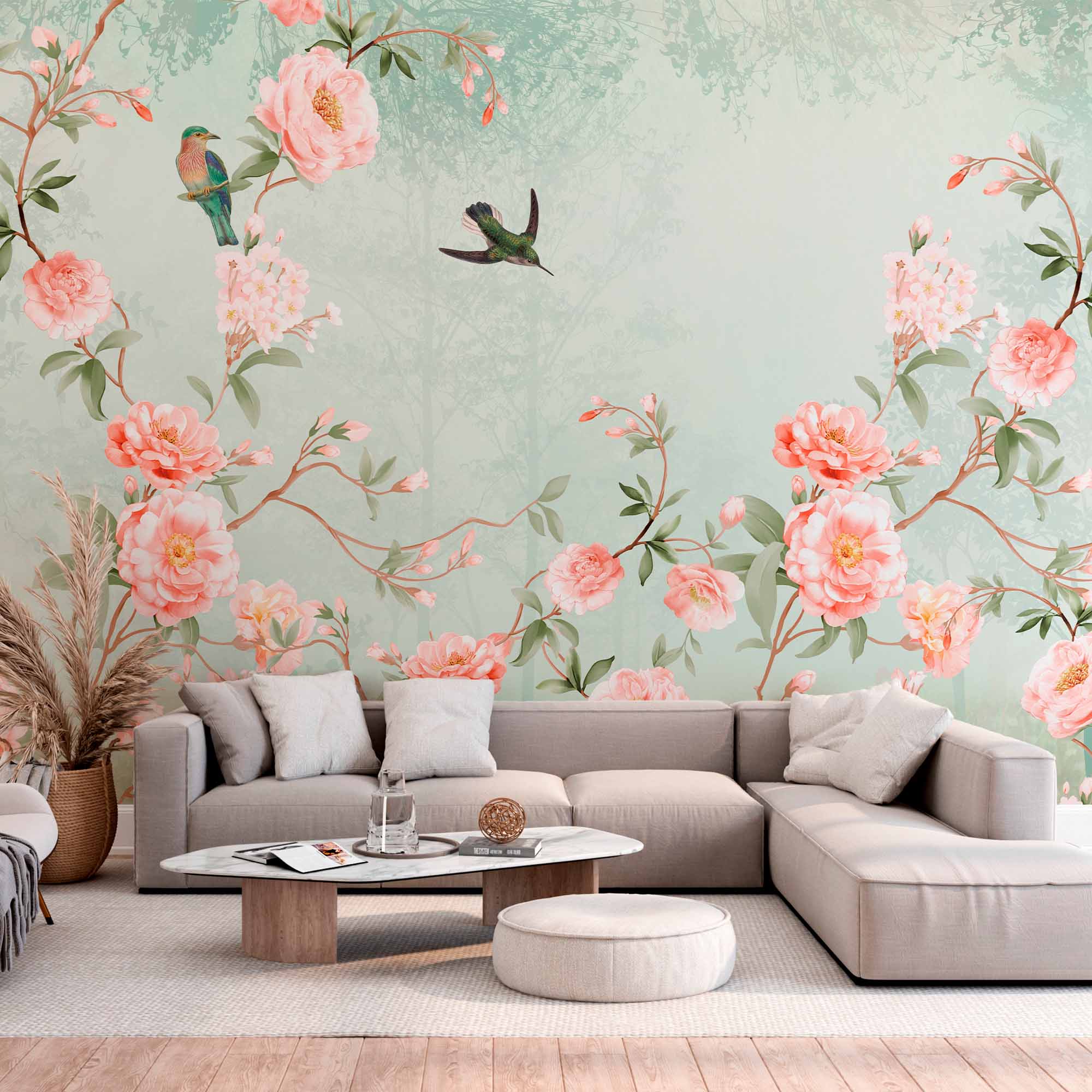 Vintage Pastel Floral and Bird Wall Mural Wallpaper