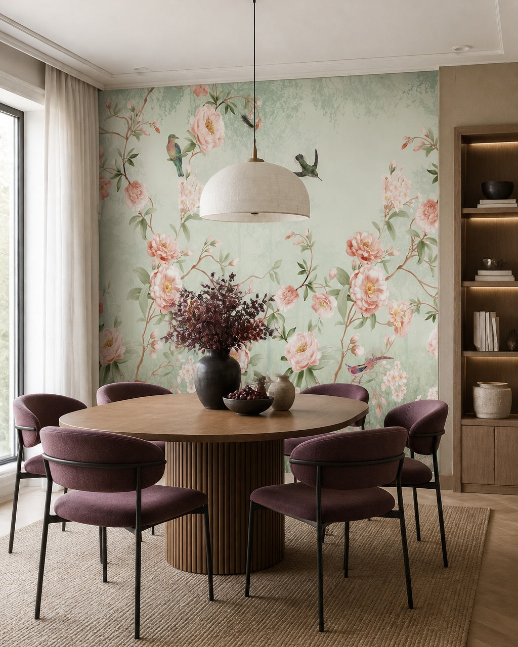 Vintage pastel floral wallpaper in a refined dining area.