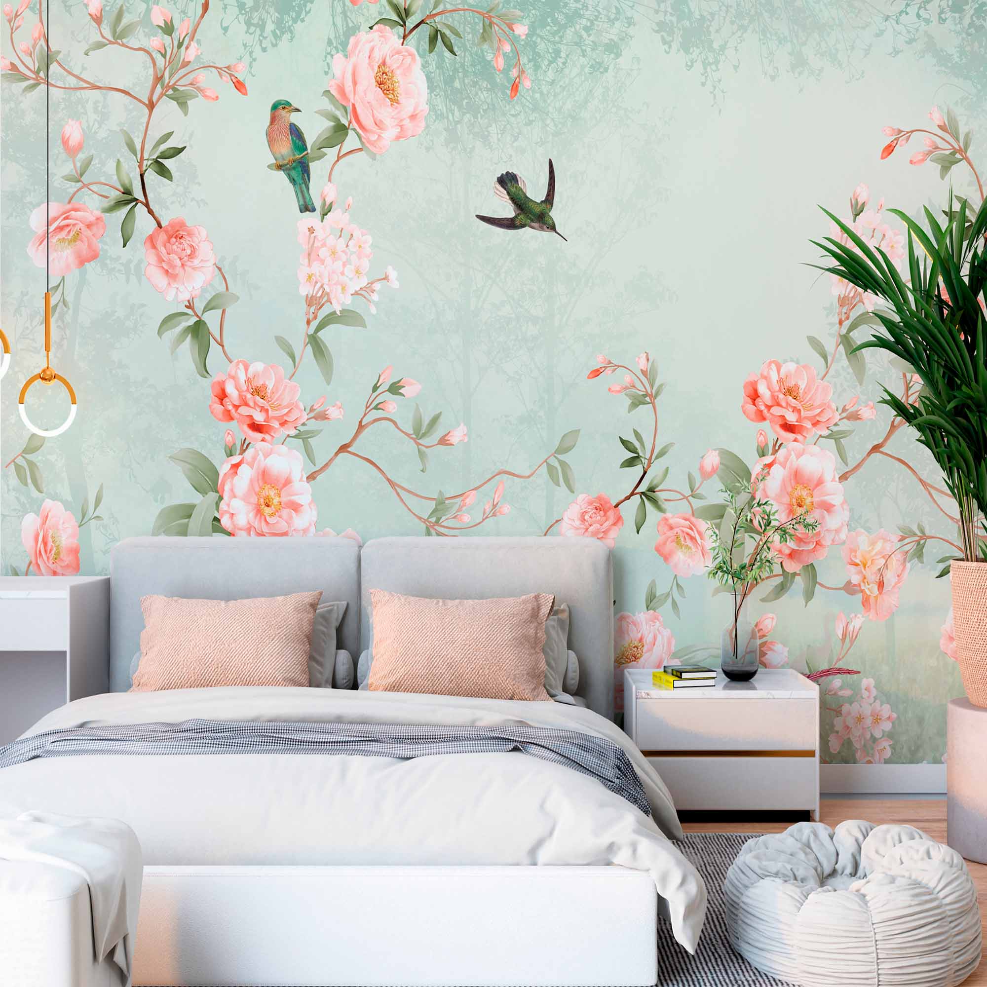 Vintage Pastel Floral and Bird Wall Mural Wallpaper