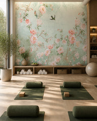 Vintage pastel floral wallpaper in a fitness studio.