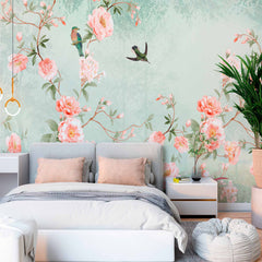 Custom Vintage Pastel Floral and Bird Wall Mural Wallpaper