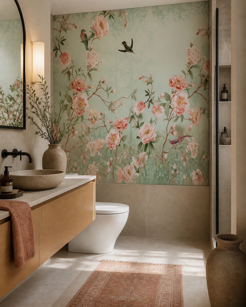 Vintage pastel floral wallpaper in an elegant powder room.