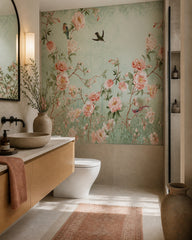Vintage pastel floral wallpaper in an elegant powder room.