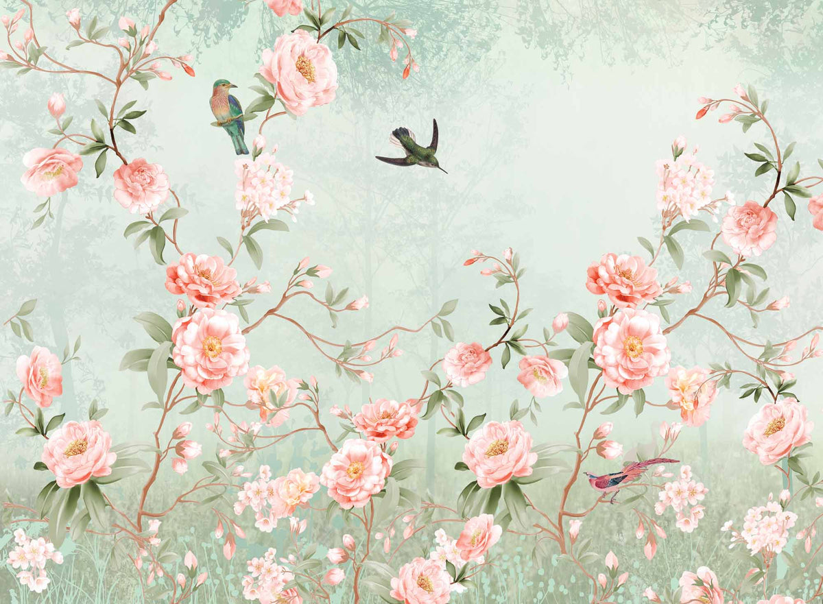 Fototapete Vintage-Pastellblumen – Korallrosen und Vögel auf Mint