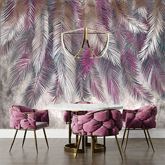 Custom Colorful Feathers Siver Violet Fresco Wallpaper Tropical Palm Leaf Wall Mural