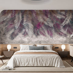 Custom Colorful Feathers Siver Violet Fresco Wallpaper Tropical Palm Leaf Wall Mural