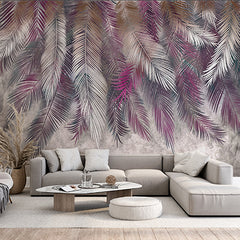 Custom Colorful Feathers Siver Violet Fresco Wallpaper Tropical Palm Leaf Wall Mural