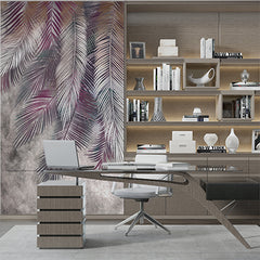 Custom Colorful Feathers Siver Violet Fresco Wallpaper Tropical Palm Leaf Wall Mural