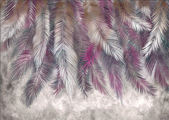 Custom Colorful Feathers Siver Violet Fresco Wallpaper Tropical Palm Leaf Wall Mural