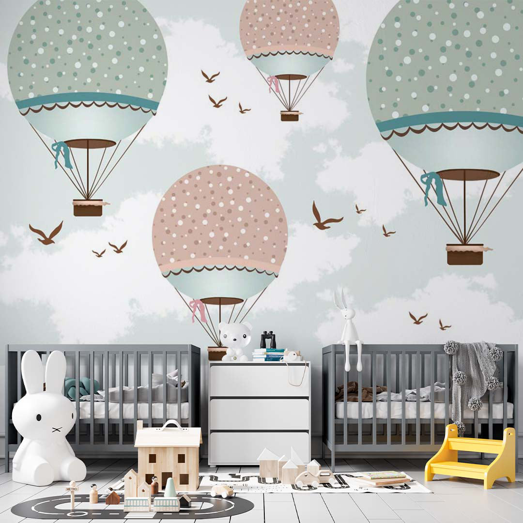 Custom Kids Wall Murals Large Hot Air Balloons Dots Clouds Aircrafts Wallpaper for Kids